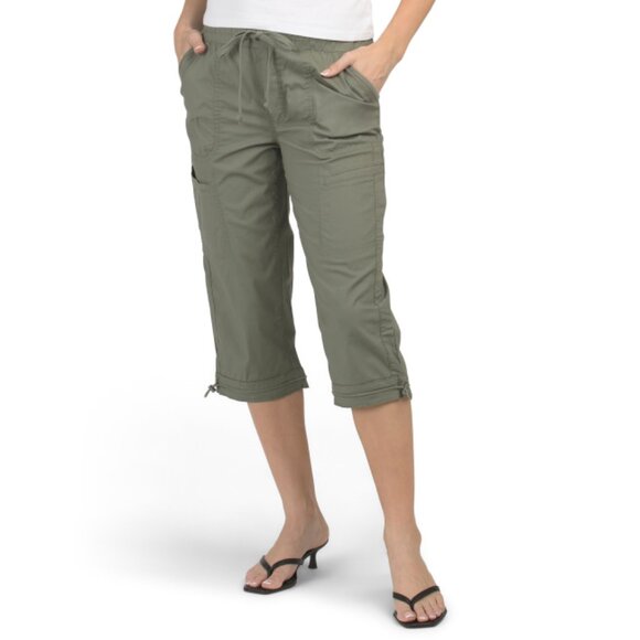 DEMOCRACY Lily Pad Poplin Pull On Drawstring Cargo Capris With Toggle Hem - Picture 1 of 2